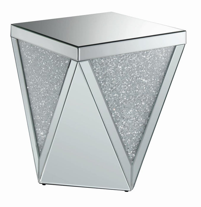 Amore Square End Table with Triangle Detailing Silver and Clear Mirror - Aras Mattress And Furniture(Las Vegas, NV)