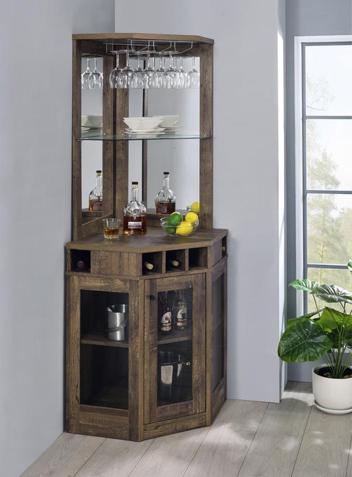 Alviso Corner Bar Cabinet with Stemware Rack Rustic Oak - Aras Mattress And Furniture(Las Vegas, NV)